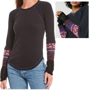 Free people in the mix cuff crochet knit top thermal top black combo bohemian S